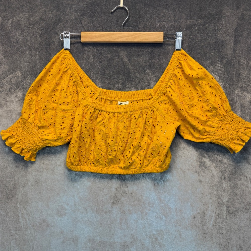Billabong Crop Top Womens Yellow Regular M Eyelet Puff Sleeve Boho Beach